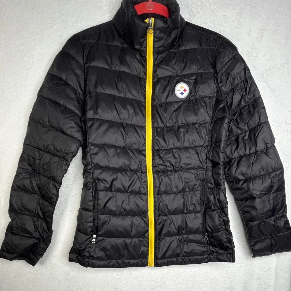 NFL Pittsburgh Steelers Puffer Jacket Women Small Black Yellow Quilt Zip Up - Picture 2 of 13